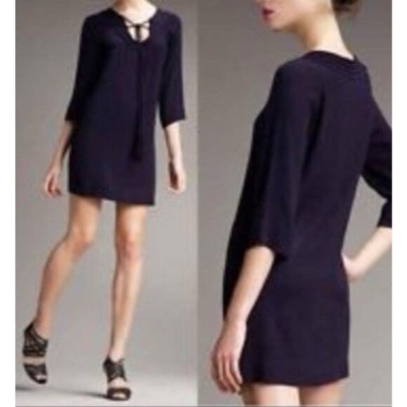 DVF Diane Von Furstenberg Dress Blue 4 Small Shift Long Sleeve Relaxed Tie Neck - Picture 2 of 10